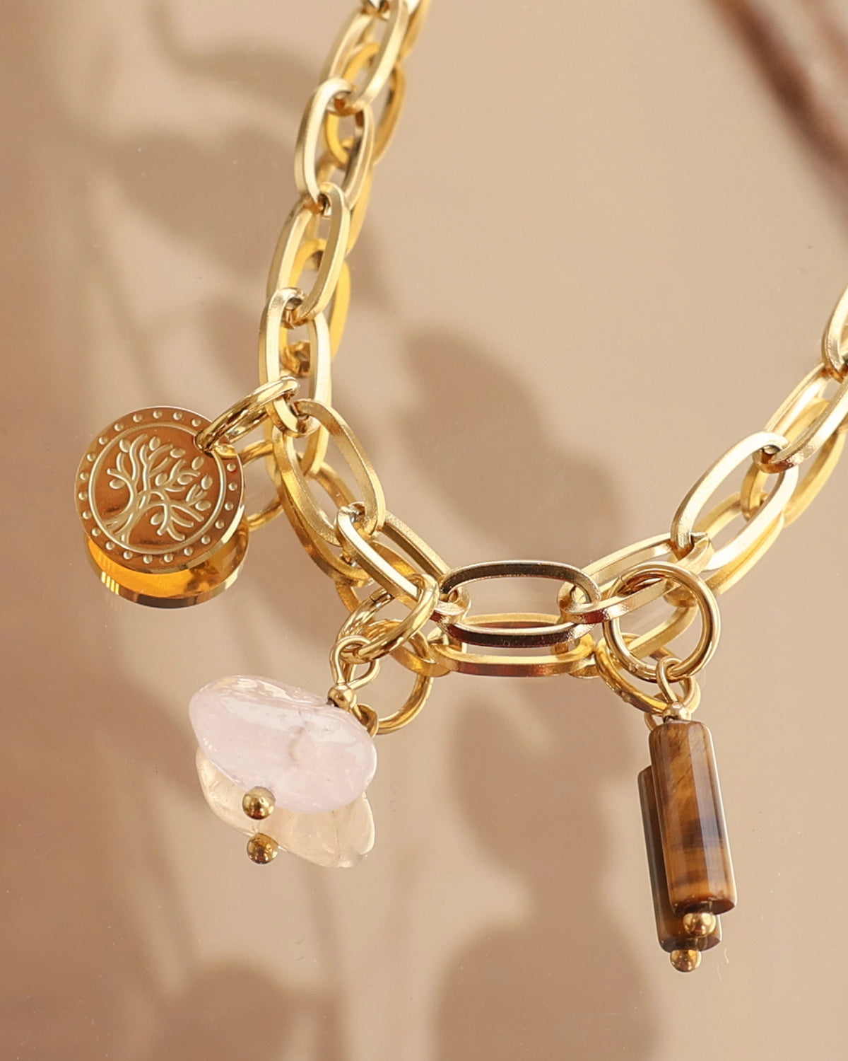 CUS® Jewelry set Yara necklace with the charms Tree of Life, Rose Quartz and Tiger's Eye -