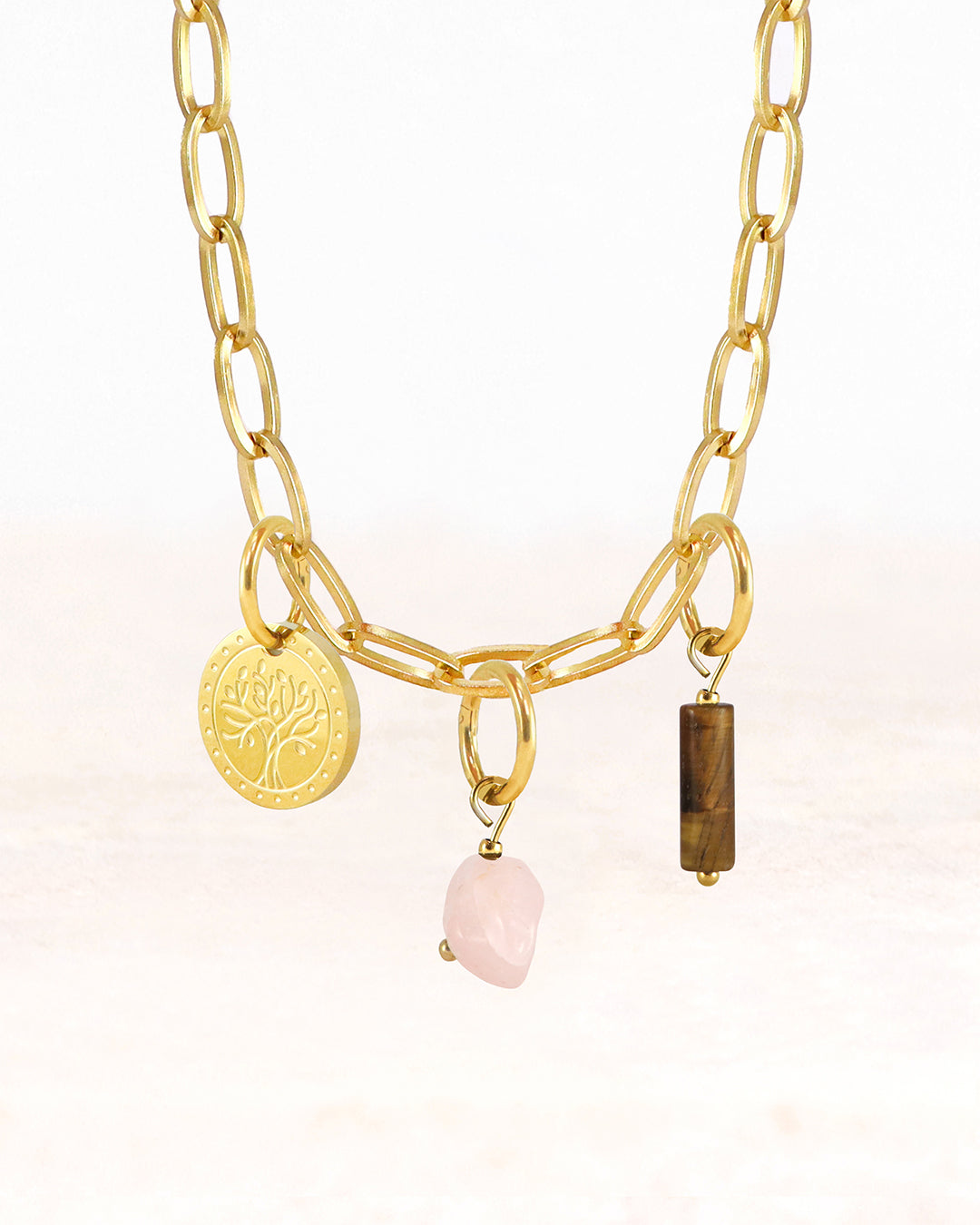 CUS® Jewelry set Yara necklace with the charms Tree of Life, Rose Quartz and Tiger's Eye -