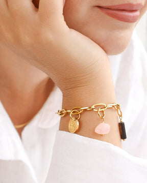 Parure CUS® Bracelet Yara avec les breloques Arbre de vie, Quartz rose et Oeil de tigre.