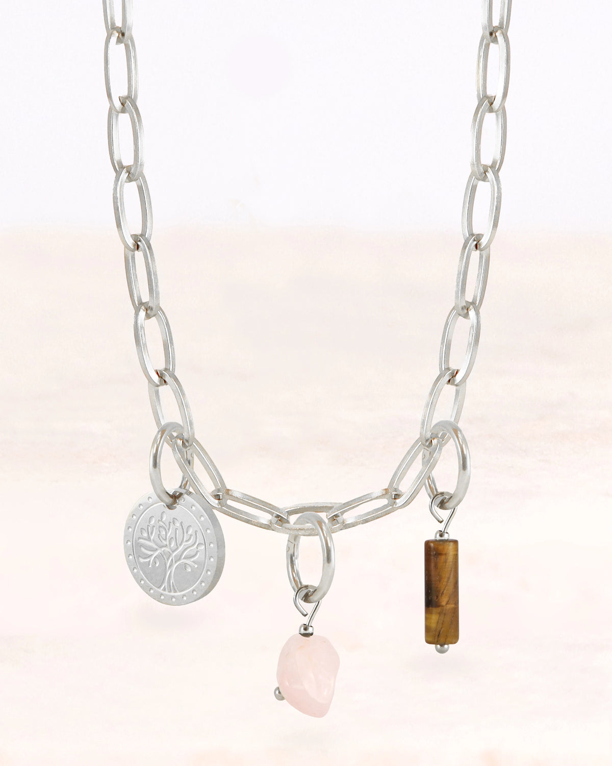 CUS® Jewellery set Yara necklace with the charms Tree of Life, Rose Quartz and Tiger's Eye