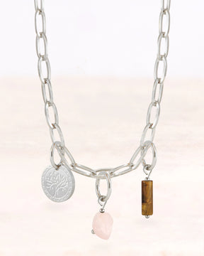 CUS®-Schmuckset: Halskette Yara mit den Charms Baum des Lebens, Rosenquarz und Tigerauge